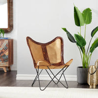 Fauteuil Papillon Fait Main en Cuir Blanc, Gris, Marron, Marron Clair ou Marron Beige avec Support Noir