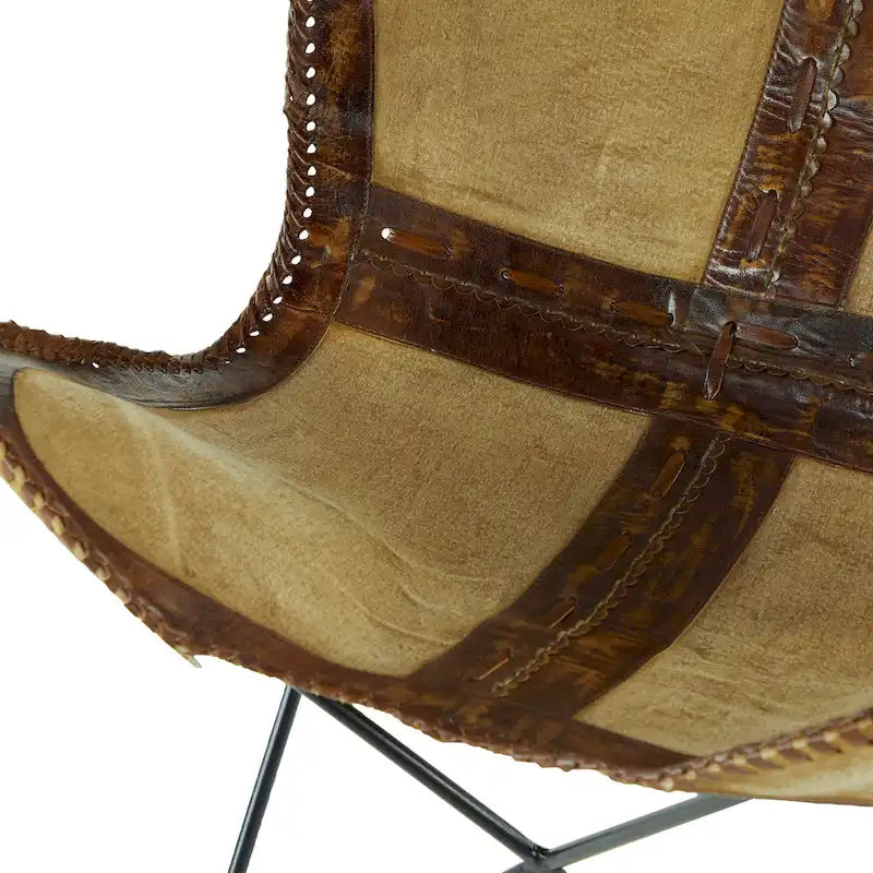 Fauteuil Papillon Fait Main en Cuir Blanc, Gris, Marron, Marron Clair ou Marron Beige avec Support Noir