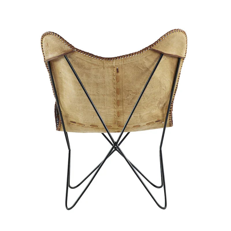 Fauteuil Papillon Fait Main en Cuir Blanc, Gris, Marron, Marron Clair ou Marron Beige avec Support Noir