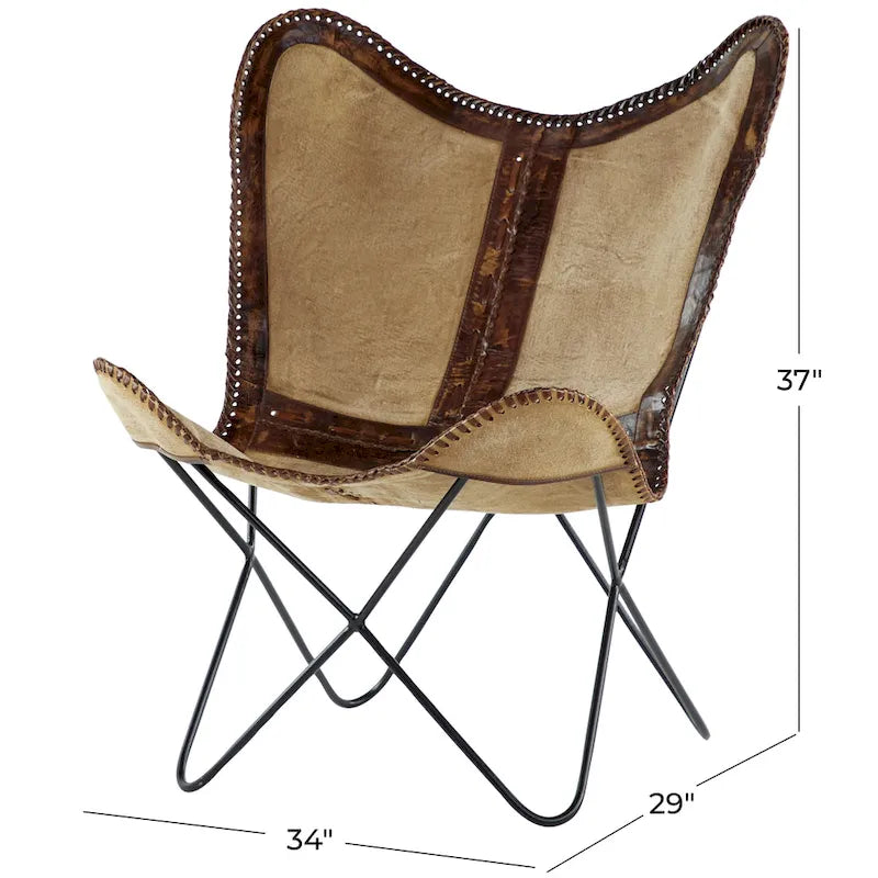Fauteuil Papillon Fait Main en Cuir Blanc, Gris, Marron, Marron Clair ou Marron Beige avec Support Noir