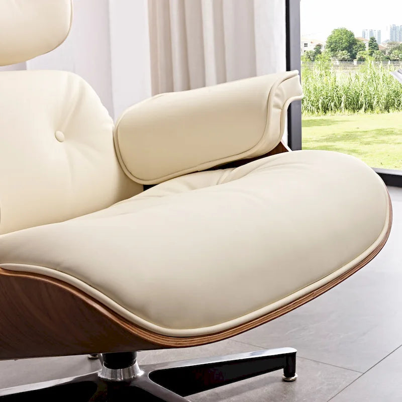 Ensemble Fauteuil et Ottoman en Cuir Véritable Style Mid-Century Moderne