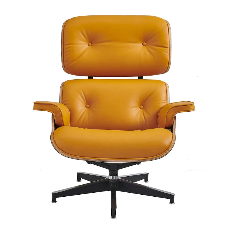 Ensemble Fauteuil et Ottoman en Cuir Véritable Style Mid-Century Moderne