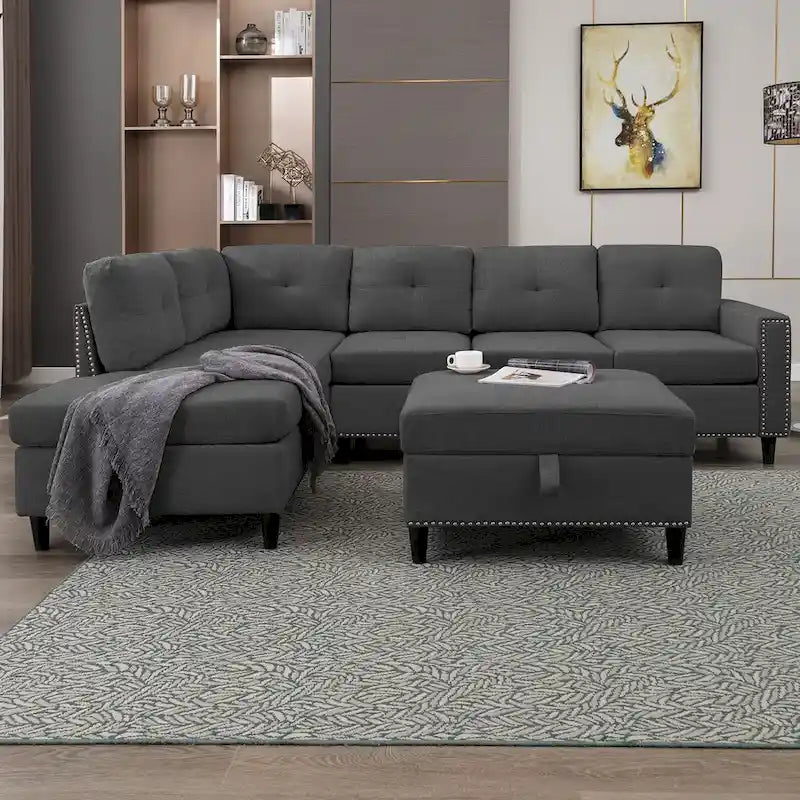 Mixoy Canapé sectionnel en forme de L avec 2 porte-gobelets, ottoman de rangement