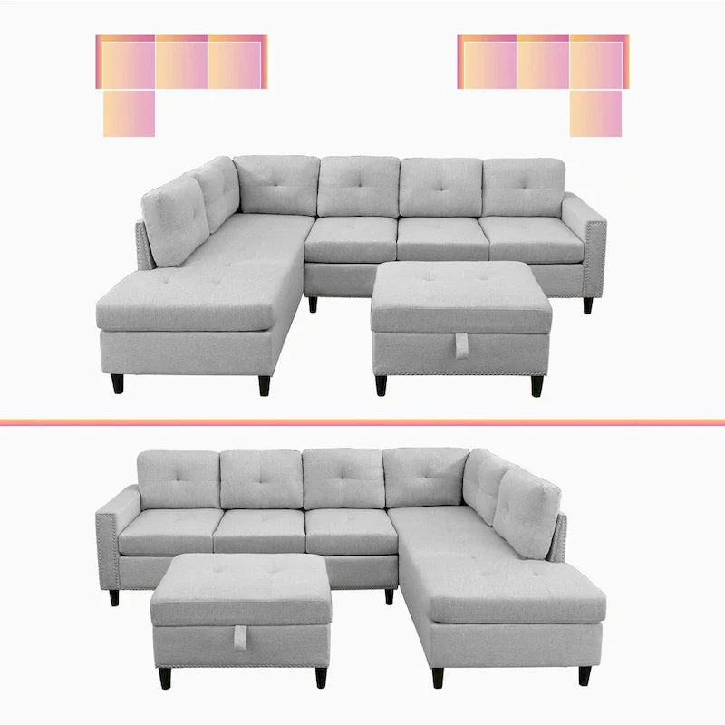 Mixoy Canapé sectionnel en forme de L avec 2 porte-gobelets, ottoman de rangement