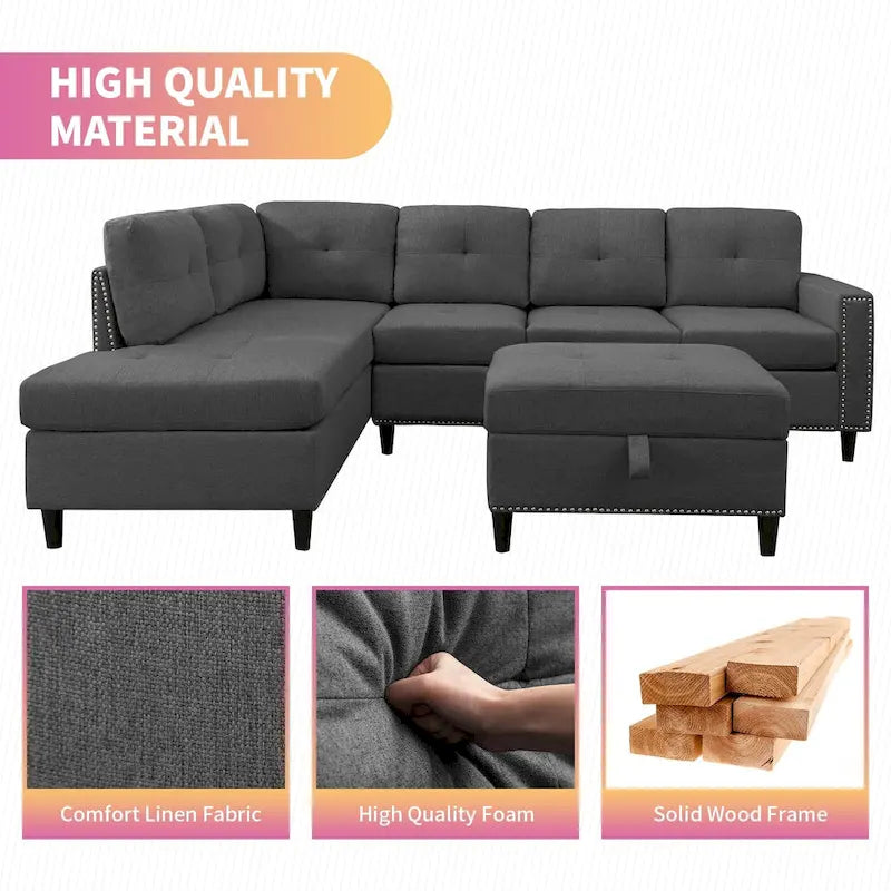 Mixoy Canapé sectionnel en forme de L avec 2 porte-gobelets, ottoman de rangement