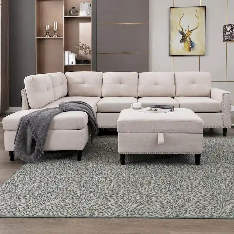 Mixoy Canapé sectionnel en forme de L avec 2 porte-gobelets, ottoman de rangement