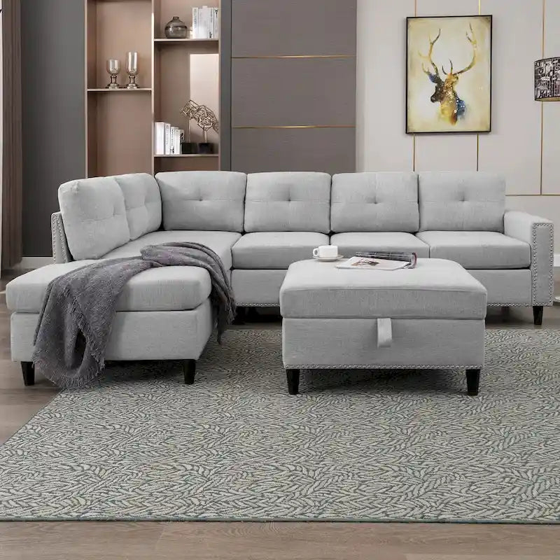 Mixoy Canapé sectionnel en forme de L avec 2 porte-gobelets, ottoman de rangement