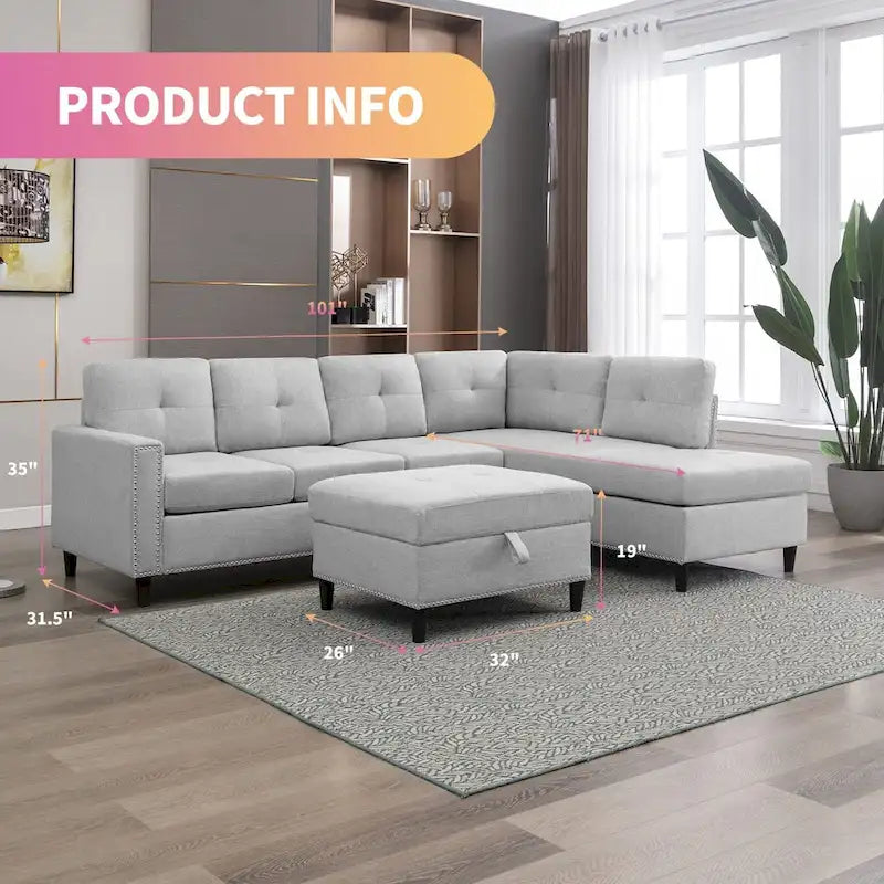 Mixoy Canapé sectionnel en forme de L avec 2 porte-gobelets, ottoman de rangement