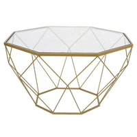 Table basse octogonale moderne Malibu 29 avec plateau en verre trempé et base géométrique en métal robuste pour salon et bureau