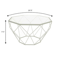 Table basse octogonale moderne Malibu 29 avec plateau en verre trempé et base géométrique en métal robuste pour salon et bureau