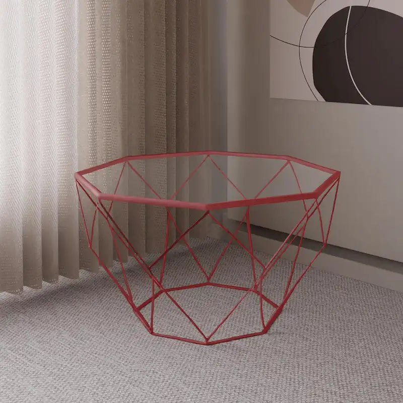 Table basse octogonale moderne Malibu 29 avec plateau en verre trempé et base géométrique en métal robuste pour salon et bureau
