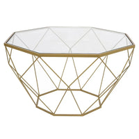 Table basse octogonale moderne Malibu 29 avec plateau en verre trempé et base géométrique en métal robuste pour salon et bureau