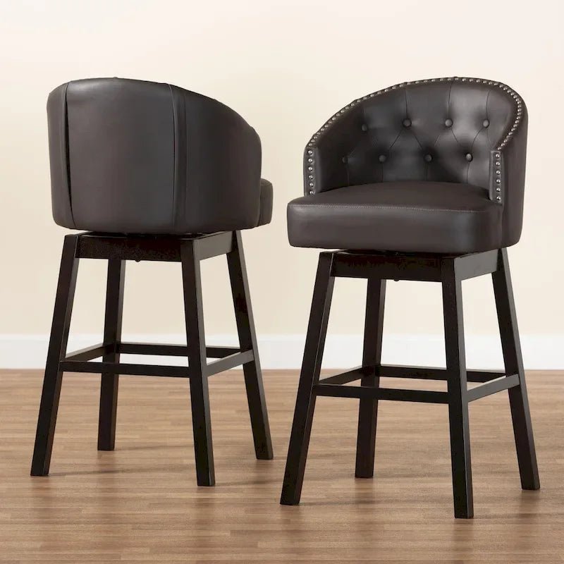 Tabouret de bar pivotant capitonné en simili-cuir brun moderne et contemporain Avril à clous décoratifs (lot de 2)