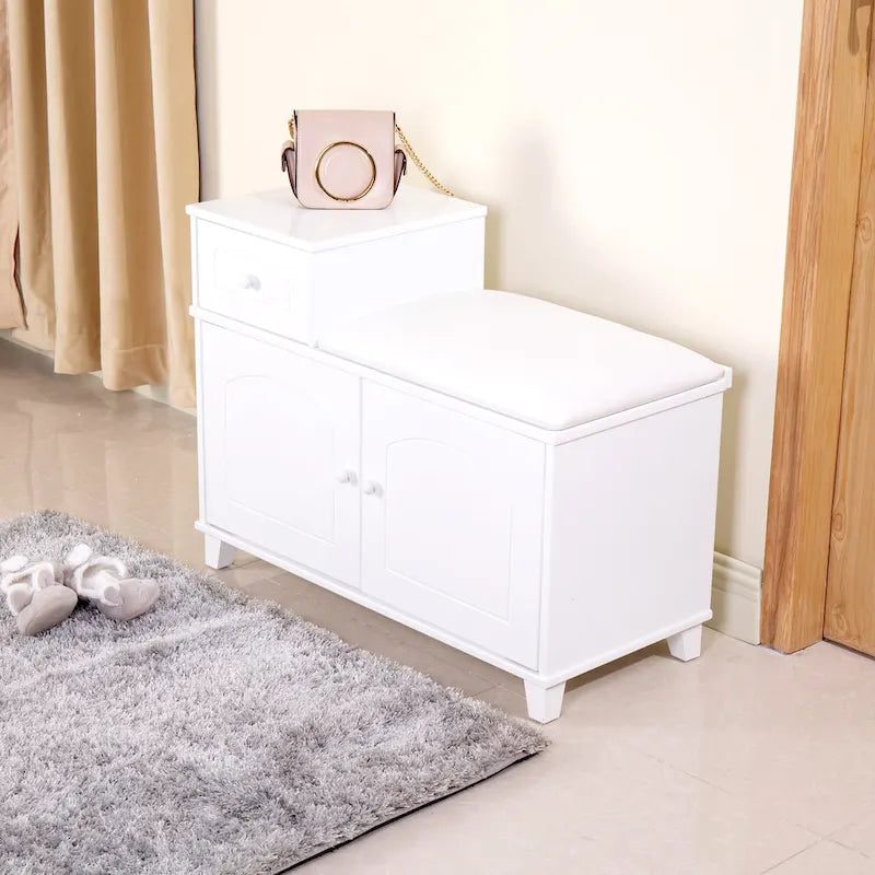 Banc de rangement à chaussures en bois avec tiroir, blanc