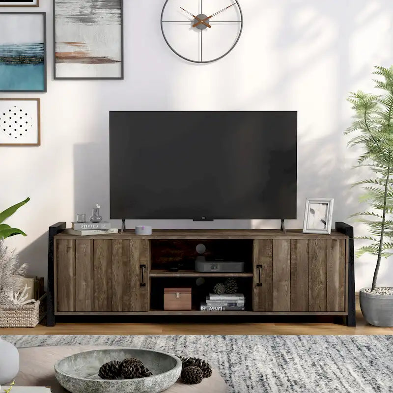 Meuble TV Carson Farmhouse en chêne recyclé 66 pouces à 6 étagères