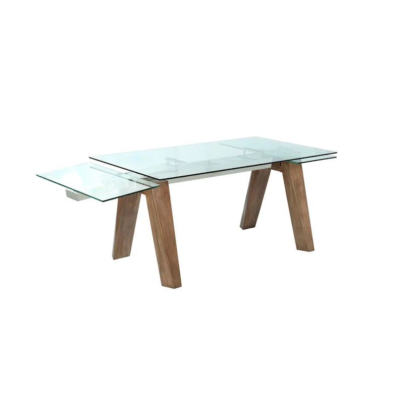 Table à manger moderne Somette avec plateau en verre extensible et pieds en bois massif