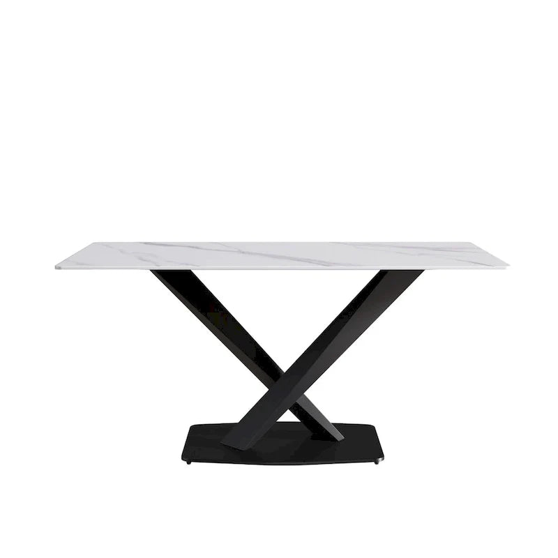 Table à manger moderne 63 pouces, plateau en pierre frittée blanche avec base en acier violet Moran - N/A