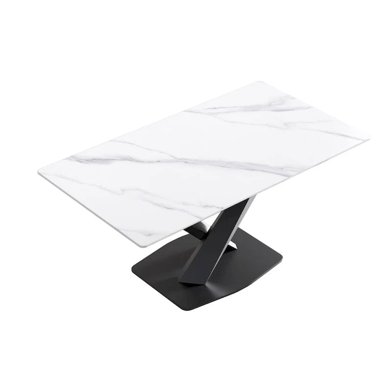 Table à manger moderne 63 pouces, plateau en pierre frittée blanche avec base en acier violet Moran - N/A