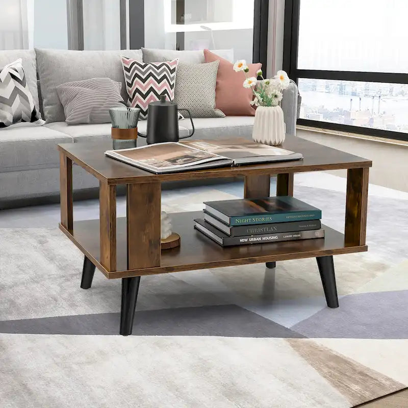 Table basse rectangulaire en bois à 2 niveaux avec étagère de rangement ouverte
