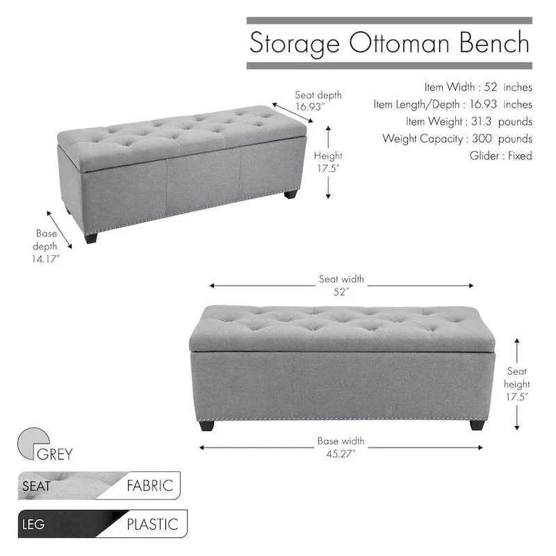 Banc ottoman de rangement Porthos Home Hekla en tissu rembourré avec couvercle rabattable