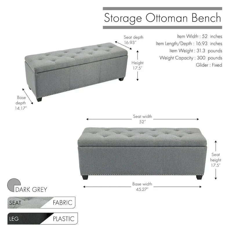 Banc ottoman de rangement Porthos Home Hekla en tissu rembourré avec couvercle rabattable
