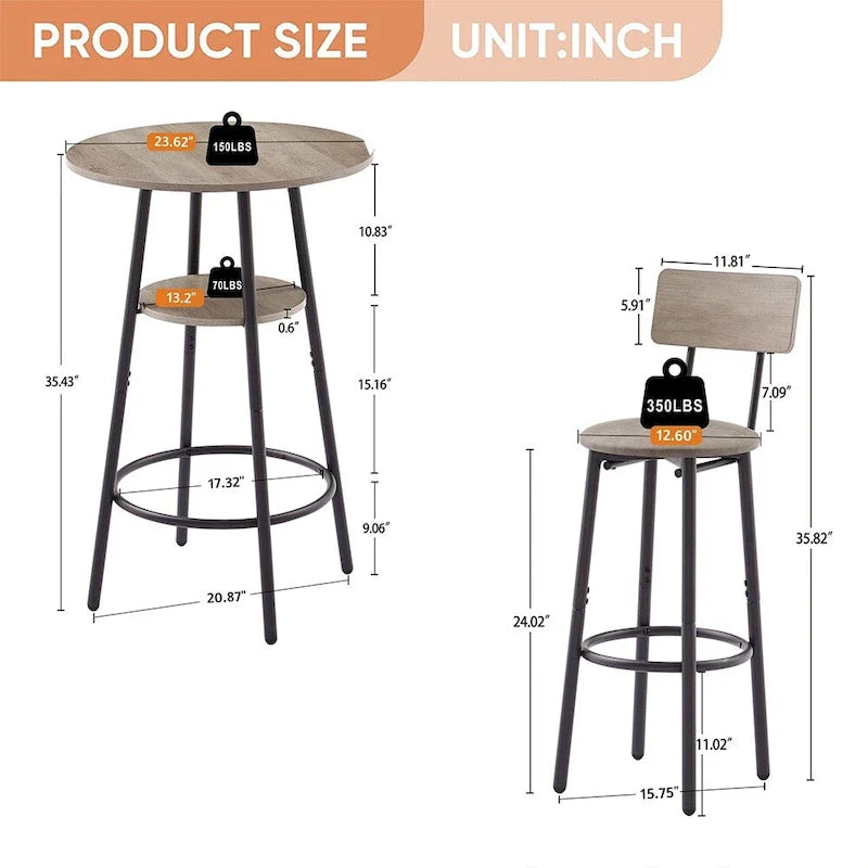 Ensemble de salle à manger 3 pièces, table de bar bistrot ronde à 2 niveaux et chaise rembourrée