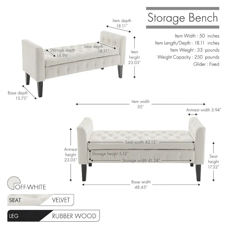 Banc de rangement en velours Porthos Home Brett avec pieds en bois d'hévéa