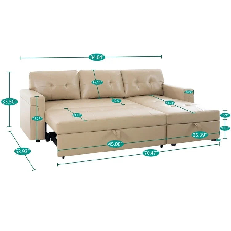 Canapé Sectionnel Réversible avec Lit Escamotable, Méridienne de Rangement Cachée, Pieds Durables