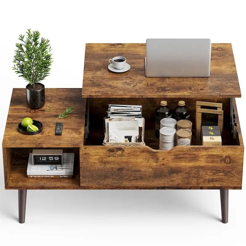 Tables basses relevables en bois avec rangement et compartiment secret