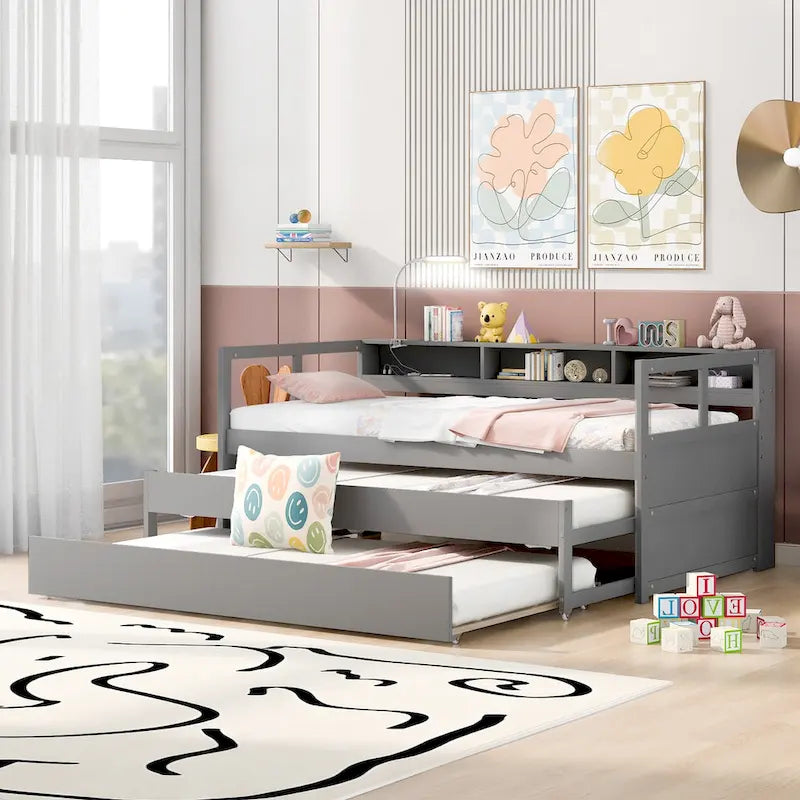 Lit de repos double XL en bois avec 2 lits gigognes et port USB