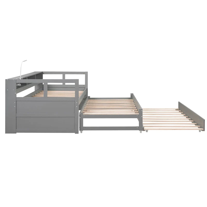 Lit de repos double XL en bois avec 2 lits gigognes et port USB