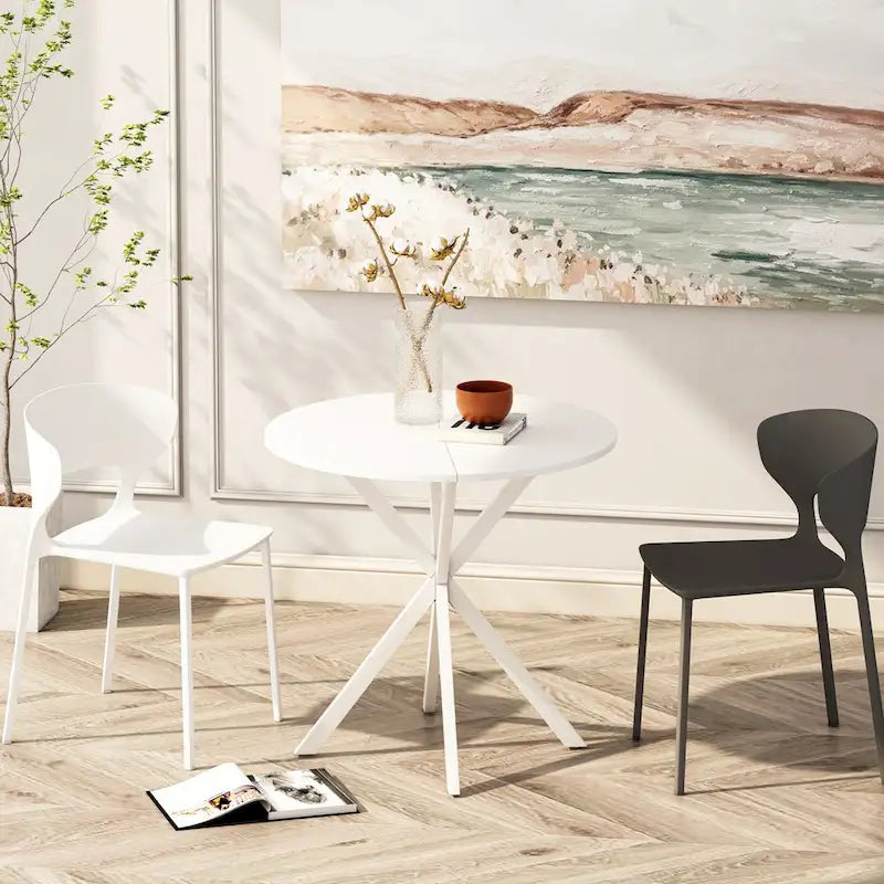 Table à manger ronde moderne à pieds croisés, plateau amovible en deux parties