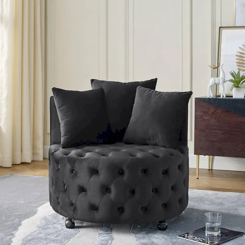 Fauteuil pivotant en velours pour salon avec boutons touffetés, 3 coussins et roulettes mobiles