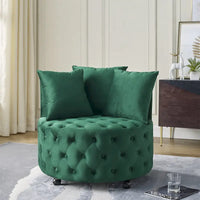 Fauteuil pivotant en velours pour salon avec boutons touffetés, 3 coussins et roulettes mobiles