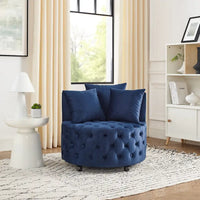 Fauteuil pivotant en velours pour salon avec boutons touffetés, 3 coussins et roulettes mobiles