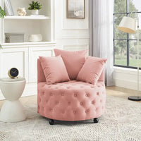 Fauteuil pivotant en velours pour salon avec boutons touffetés, 3 coussins et roulettes mobiles
