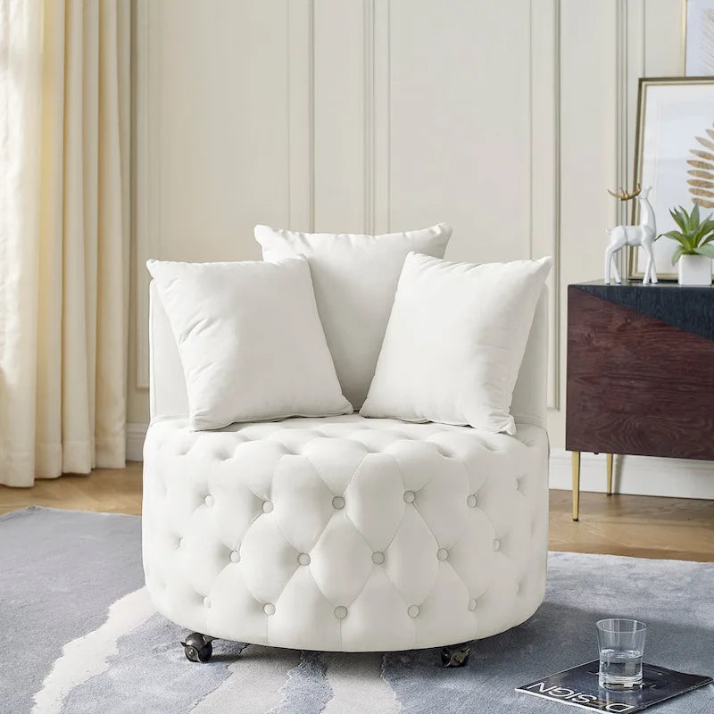 Fauteuil pivotant en velours pour salon avec boutons touffetés, 3 coussins et roulettes mobiles