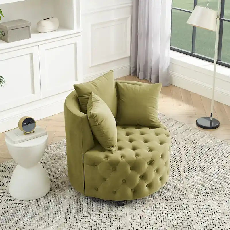Fauteuil pivotant en velours pour salon avec boutons touffetés, 3 coussins et roulettes mobiles