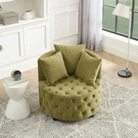 Fauteuil pivotant en velours pour salon avec boutons touffetés, 3 coussins et roulettes mobiles