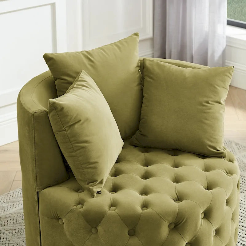Fauteuil pivotant en velours pour salon avec boutons touffetés, 3 coussins et roulettes mobiles