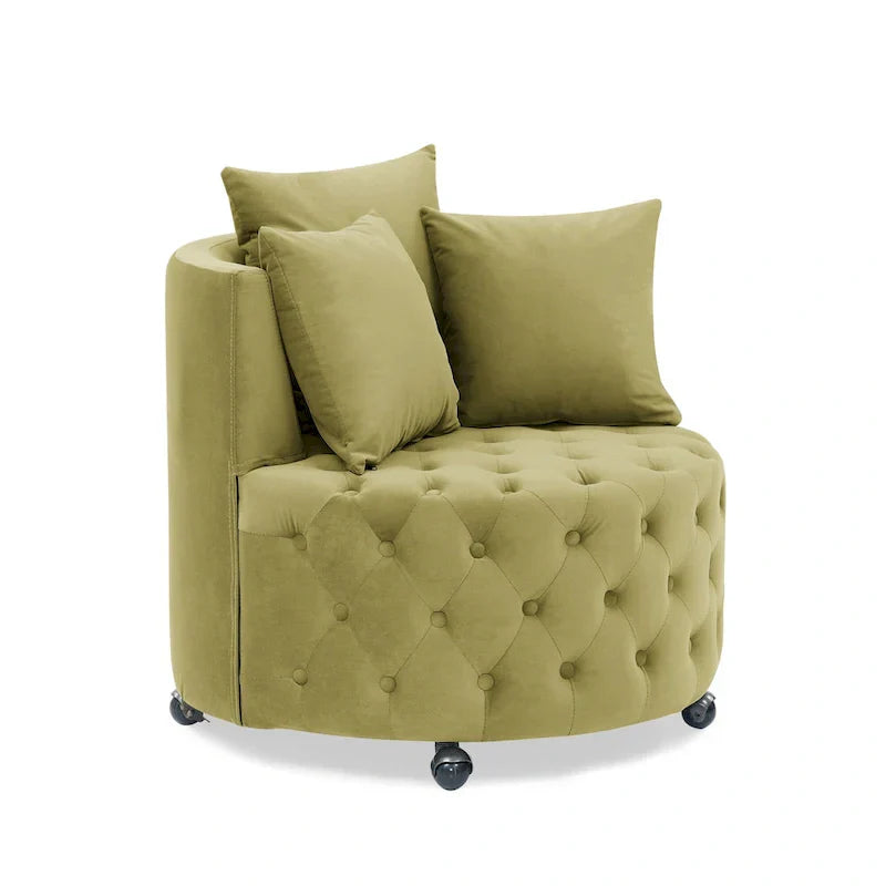 Fauteuil pivotant en velours pour salon avec boutons touffetés, 3 coussins et roulettes mobiles