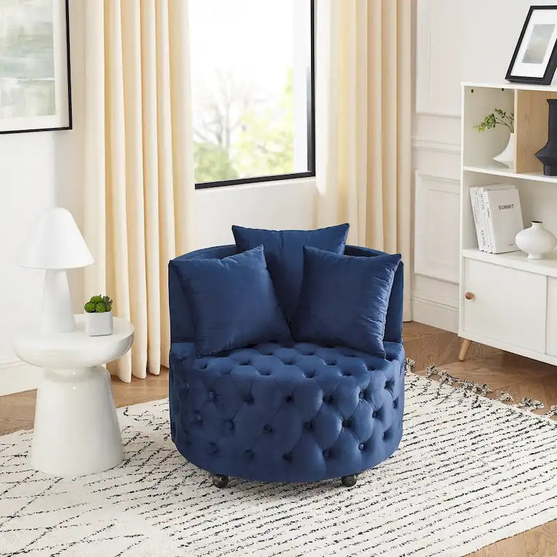 Fauteuil pivotant en velours pour salon avec boutons touffetés, 3 coussins et roulettes mobiles