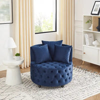 Fauteuil pivotant en velours pour salon avec boutons touffetés, 3 coussins et roulettes mobiles