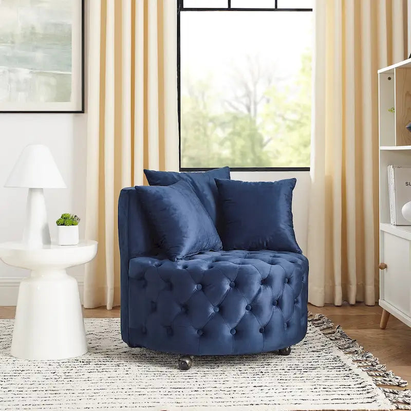 Fauteuil pivotant en velours pour salon avec boutons touffetés, 3 coussins et roulettes mobiles
