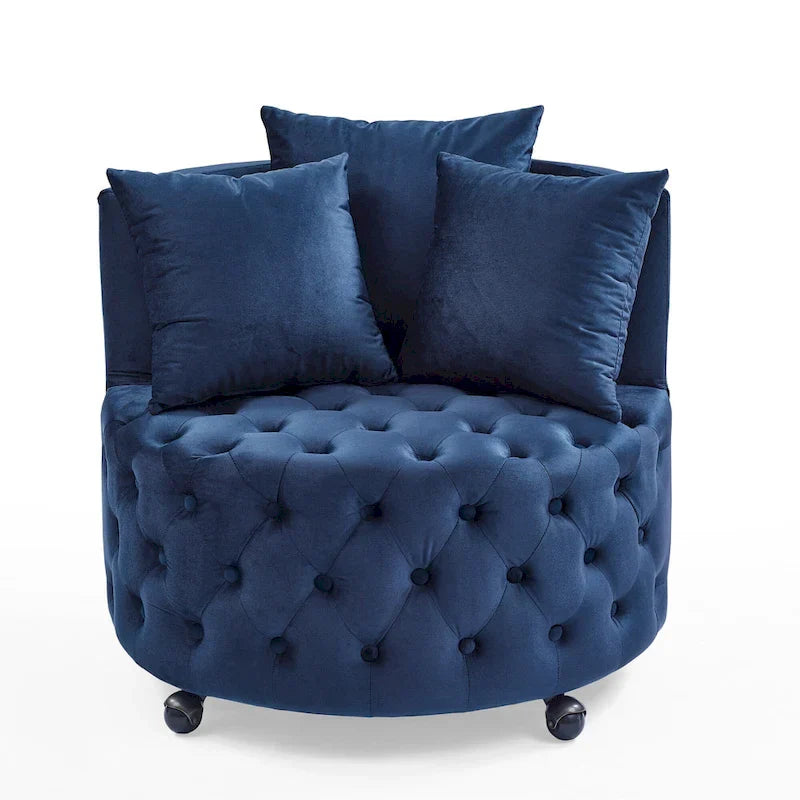 Fauteuil pivotant en velours pour salon avec boutons touffetés, 3 coussins et roulettes mobiles
