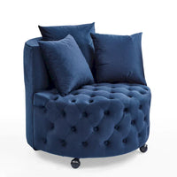 Fauteuil pivotant en velours pour salon avec boutons touffetés, 3 coussins et roulettes mobiles