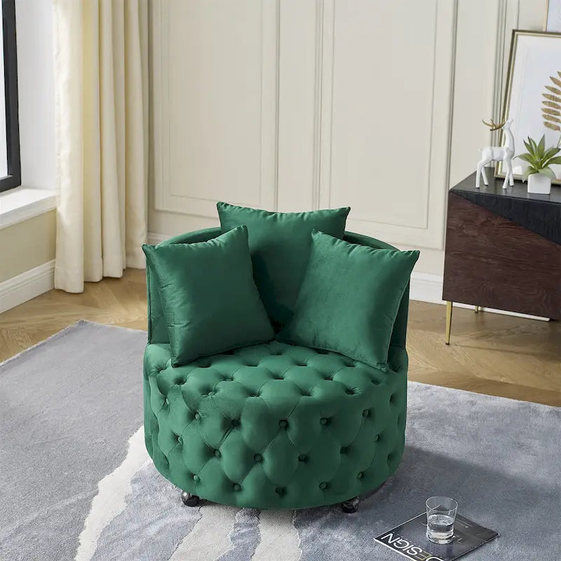 Fauteuil pivotant en velours pour salon avec boutons touffetés, 3 coussins et roulettes mobiles