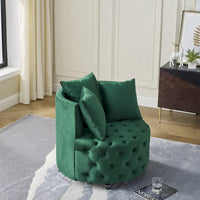 Fauteuil pivotant en velours pour salon avec boutons touffetés, 3 coussins et roulettes mobiles