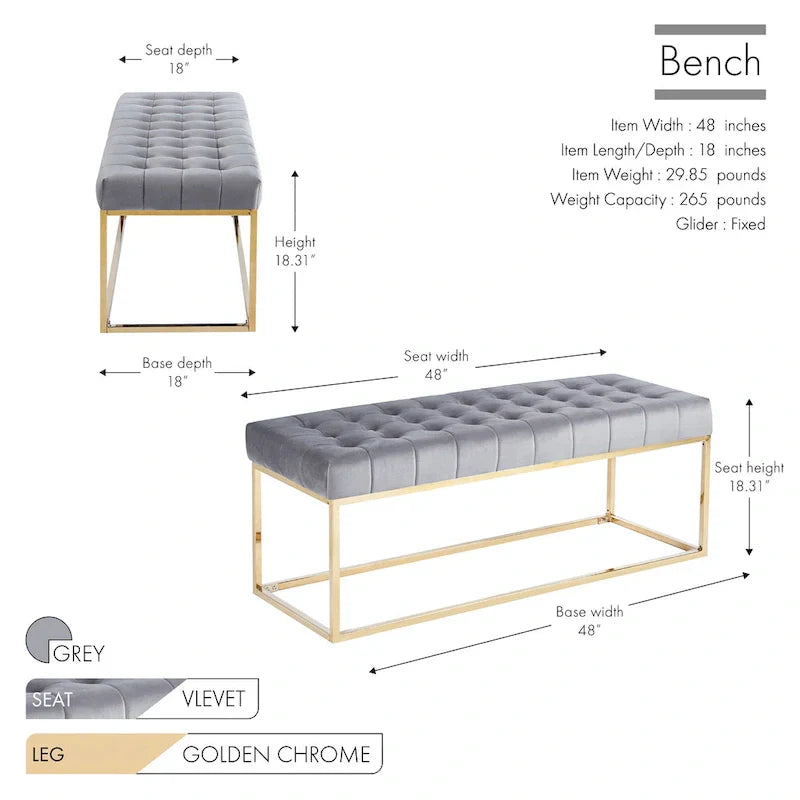 Banc en Velours Tufté Porthos Home Wenn avec Pieds en Chrome Doré