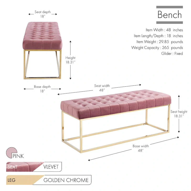 Banc en Velours Tufté Porthos Home Wenn avec Pieds en Chrome Doré